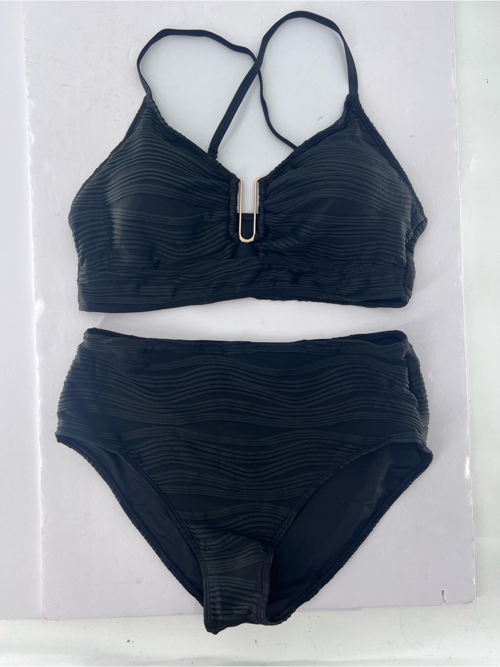2 Piece Black Bikini Set U-Wire Cutout Swimsuit High Waisted Textured size XL - Picture 6 of 11